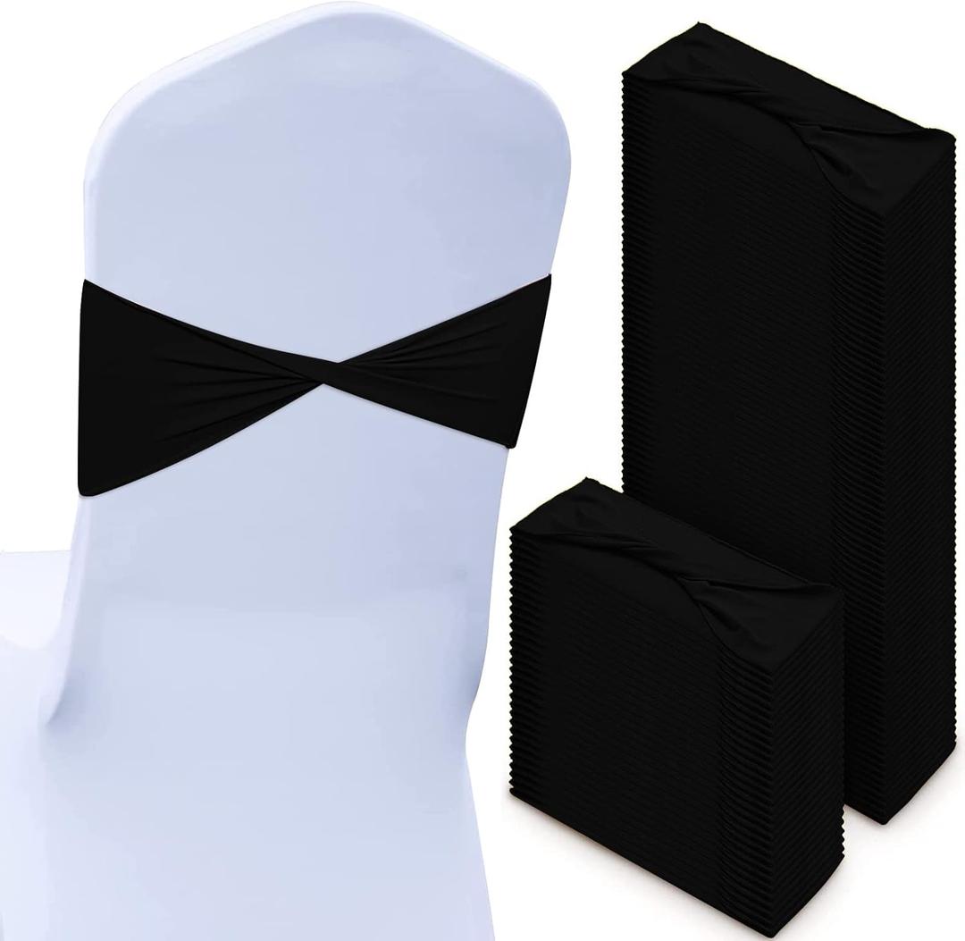 CHENGU 100 Pcs Spandex Chair Sashes Plain Bow Wedding Royal Chair Bands Without Buckle Birthday Decorations Elastic Ties Spandex Slider Sashes for Events Party Ceremony(Black)
