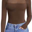 Avidlove Bodysuits for Women Mock Neck Shapewear Body Suit Long Sleeve Leotard Mesh Going Out Tops Concert Outfits (Small, Brown)