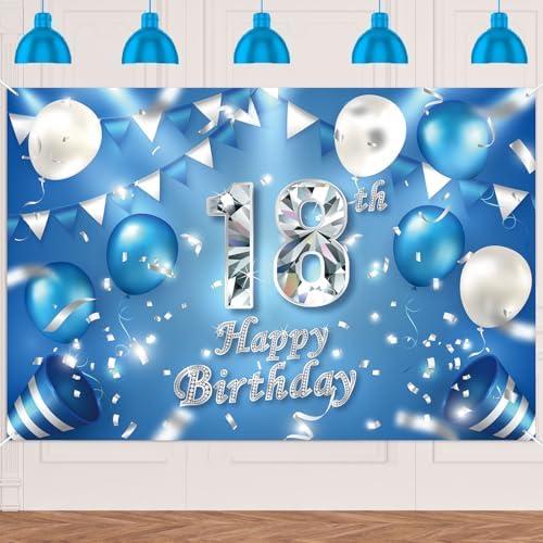 Happy 18th Birthday Banner Background Decorations Balloons Crystal Confetti Theme Decor for Boys or Girls Cheers to 18 Years Party Favors Supplies Blue Silver