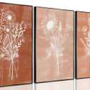 3Pcs Terracotta Floral Canvas Wall Art Mid-Century Flowers Bouquet Pictures Vintage Farmhouse Botanical Poster Prints Abstract Floral Wall Decor for Living Room Bedroom Office Bathroom 12x16in Unframed