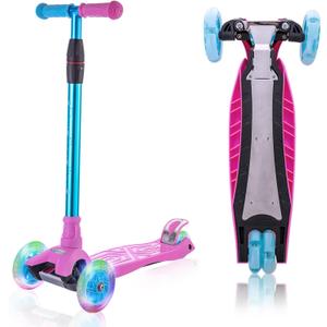 3 Wheel Scooter for Kids Ages 6-12,Kids Scooter with Light Up Wheels, Sturdy Deck Design, and 4 Height Adjustable Suitable for Kids Ages 3-12 (Pink)