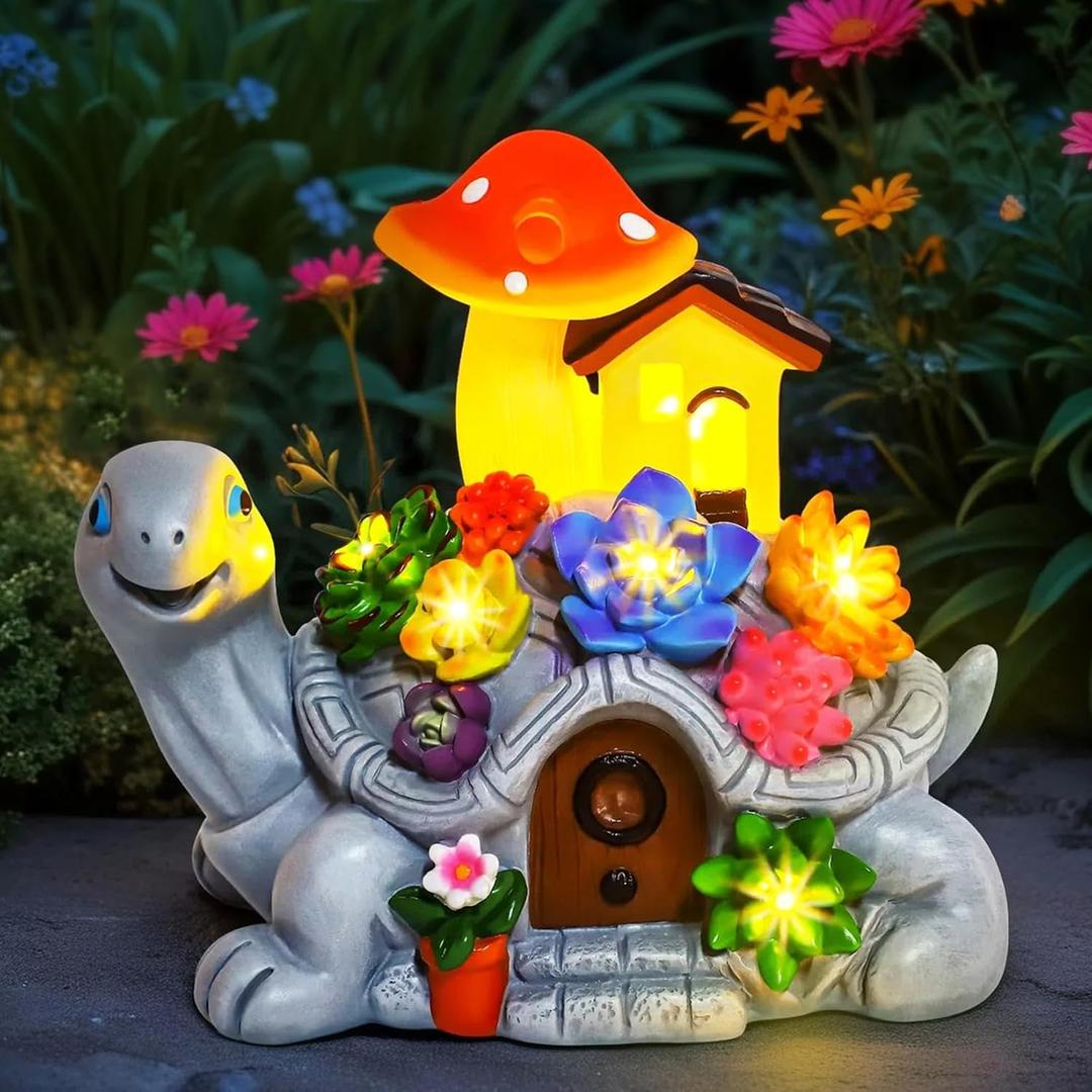 Cikoube Solar Garden Decor Turtle with Succulent and 7 LED Lights, Birthday Gifts for Women Mom Grandma, Outdoor Statues Tortoise Ornaments for Lawn Yard Patio Balcony