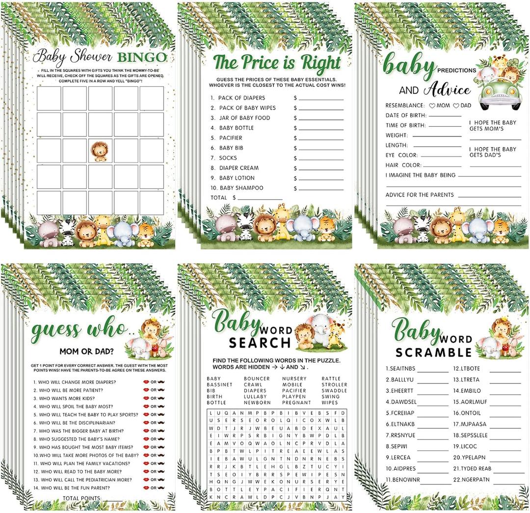 Jetec 302 Pcs Safari Animal Theme Baby Shower Games, 6 Games, 50 Sheets Each, Shower Party, Word Scramble, Baby Word Search, Predictions and Advice, The Price is Right