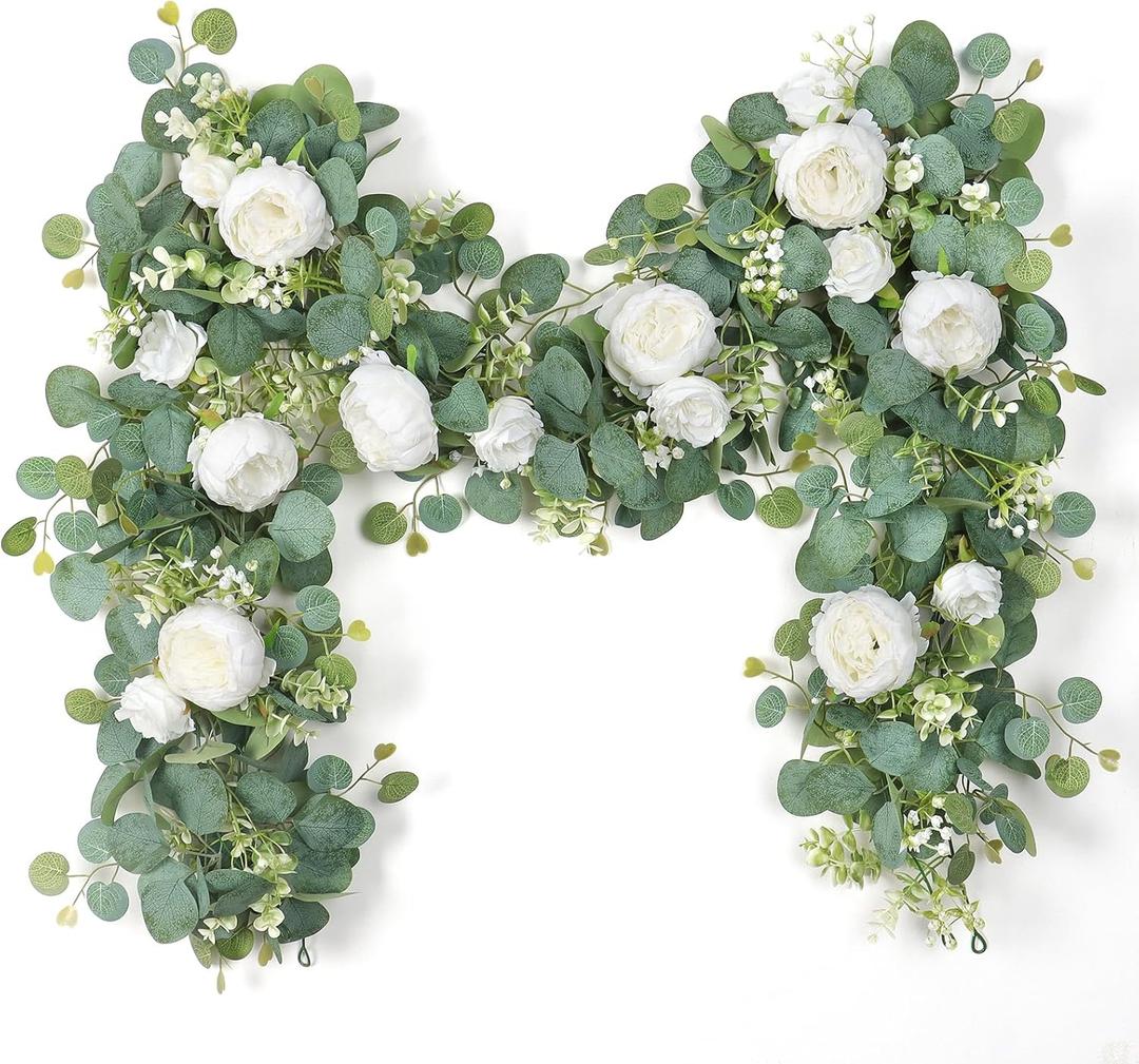 SOMYTING 2 Pack 13FT Flower Garland, Artificial Rose Vine Fake Flower Garland Silk Rose Peony Hanging Vine Faux Floral Vine for Wedding Party Arch Table Wall Backdrop Decoration (White)