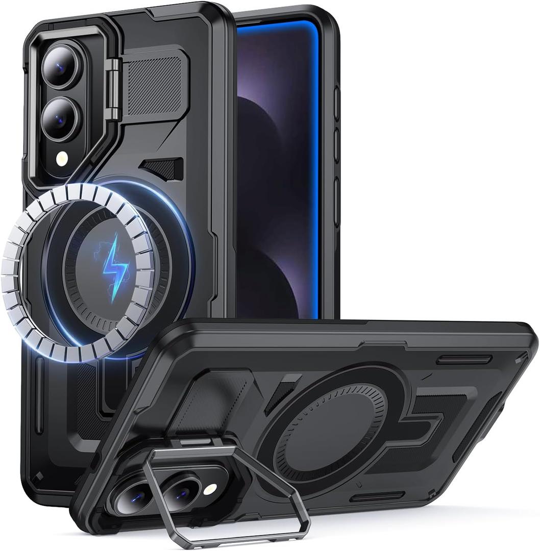 for Samsung Galaxy S25 Edge Case Compatible with MagSafe[Built-in Camera Stand][Military-Grade Shockproof][Dual Layer Protection] Heavy Duty Outdoor Rugged Bumper for S25 Edge Phone Case,Black