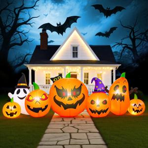9FT Halloween Inflatables, Halloween Decorations Outdoor Inflatables, Inflatable Decoration Ghost Pumpkin Wearing Witch Hat for Courtyard Garden Lawn Holiday
