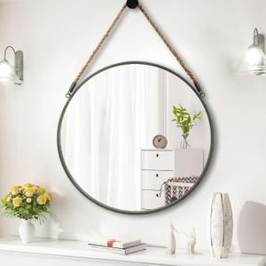 POZINO Round Rope Mirror, 24 Inch Circle Wall Mirrors, Hanging Mirror, Farmhouse Mirrors for Bathroom Bedroom Living Room Entryway Home Decor, Grey