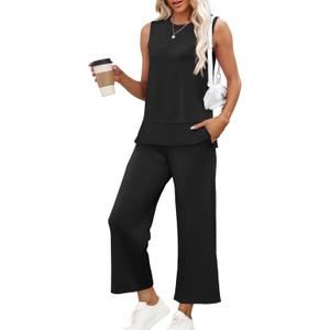 XIEERDUO Women's 2 Piece Outfits Summer Travel Tracksuit Loose Wide Leg Loungewear Comfy Lounge Sets (Large, A01-black)