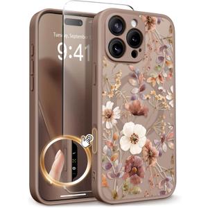 GVIEWIN for iPhone 16 Pro Case Compatible with MagSafe, [Military Grade Protection] [Screen Protector] Full Camera Protection Floral Translucent Women Magnetic Phone Case, Corn Poppy/Brown