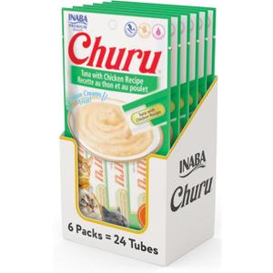 INABA Churu Cat Treats, Grain-Free, Lickable, Squeezable Creamy Pure Cat Treat/Topper with Vitamin E & Taurine, 0.5 Ounces Each Tube, 24 Tubes (4 per Pack), Tuna with Chicken Recipe (EXP 01/25/26)