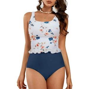 Tutorutor Kid Girls High Waisted Cute 2 Piece Peplum Halter Bikini Sets Ruffle Floral Print Teen Spaghetti Swimsuits, L