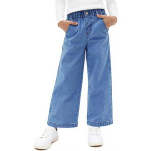 Haloumoning Girls Wide Leg Jeans Kids Elastic Waist Casual Demin Pants with Pockets 5-14 Years (Blue)