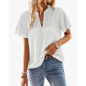 Womens Tops Butterfly Sleeve V Neck Blouses for Women Dressy Casual Flowy Swiss Dot Ruffle Short Sleeve Shirts, S