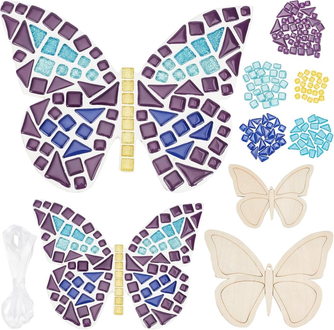 WEBEEDY Make 2 Butterfly Glass Mosaic Kit - DIY Mosaic Kit for Adults, Include Glass Mosaic Tiles, Wooden Chips, Ribbon for Christmas Holiday Unique Decor Gift
