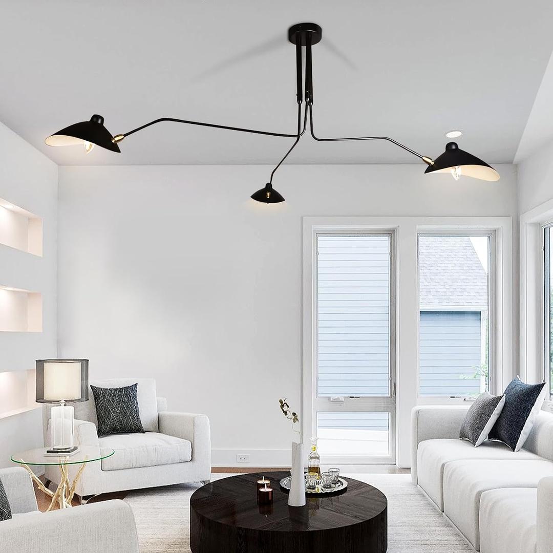63" Mid-Century Modern Chandelier, Matt Black Adjustable 3-Arms Large Pendant Lighting Fixture for Bedroom Dining Room Living Room Kitchen Island 3-Light