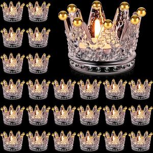 24 Pcs Birthday Clear Crown Votive Candle Holders Glass Crown Tealight Candle Holders Bulk Candlestick Votives for Tables Centerpieces Wedding Party Decoration(Gold Bead Style)