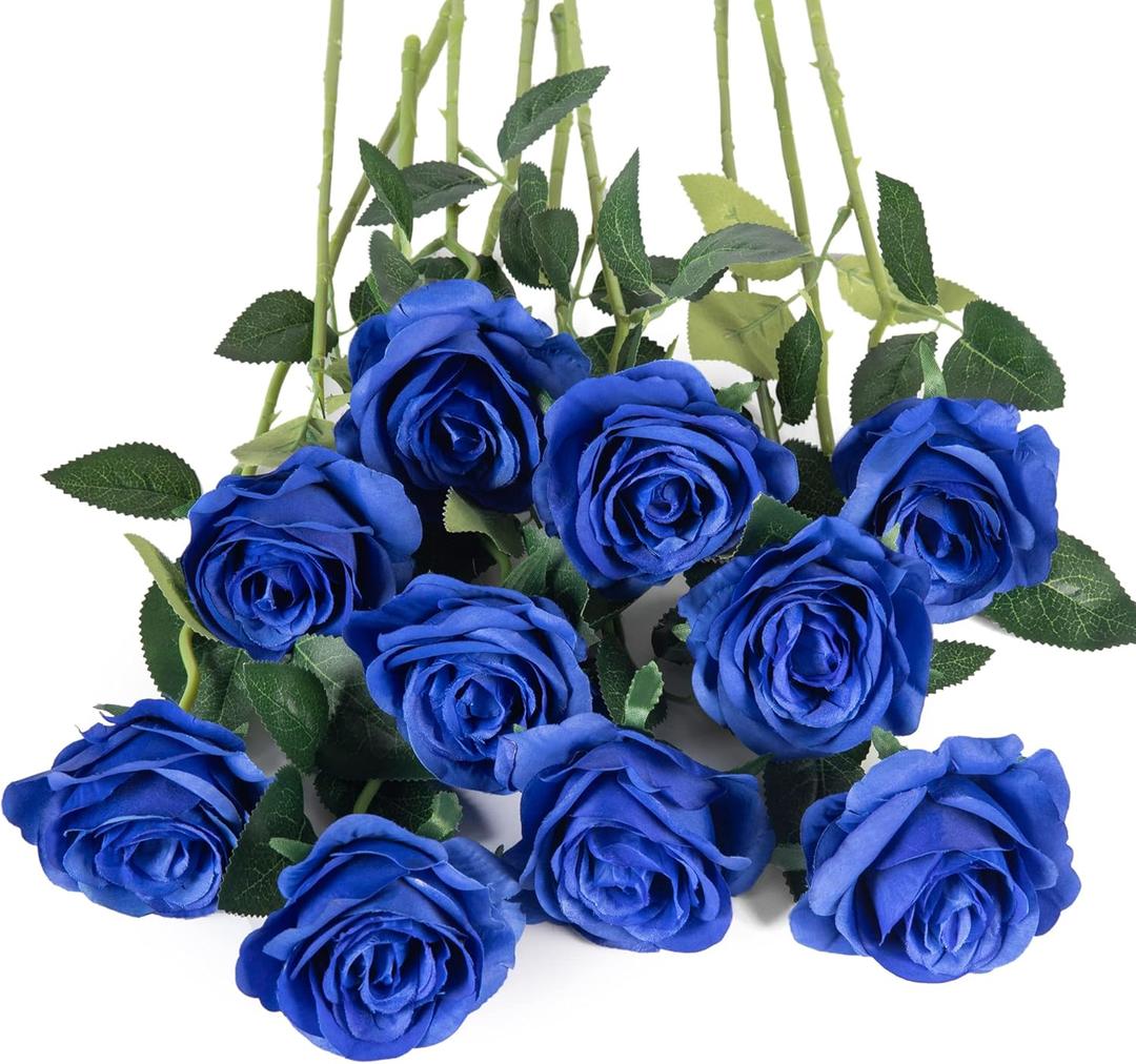 Flojery 10pcs Royal Blue Silk Roses Artificial Rose Flowers Long Stem for DIY Wedding Bouquet Table Centerpiece Home Decor (Royal Blue)