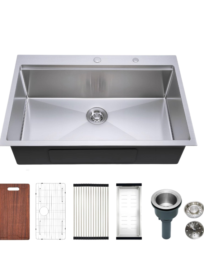 33in Topmount Kitchen Sink 33x22 inch Single Bowl 16 Gauge Drop in Workstation with Accessories Stainless Steel Nano-Silver