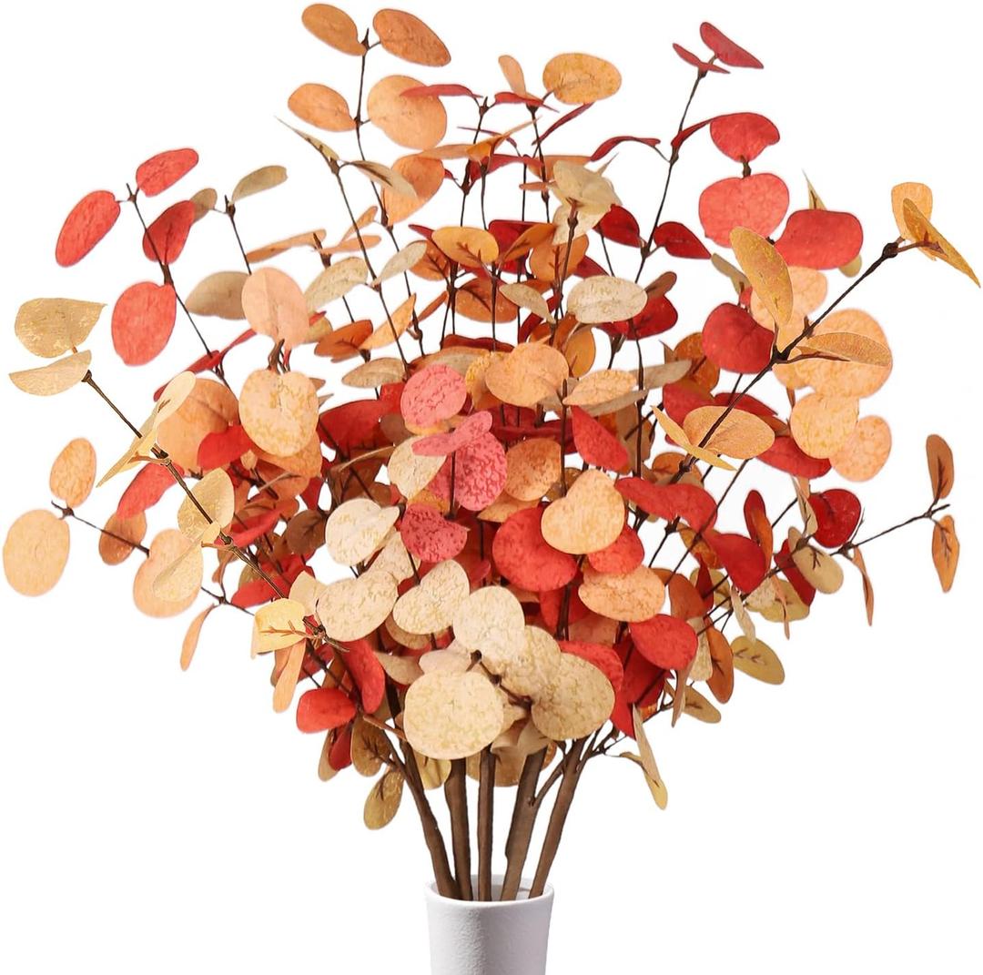 Beferr Fall Eucalyptus Stems Decor, 5Pcs 24" Faux Eucalyptus Branches Artificial Autumn Plants Decorations Fall Floral Arrangements Farmhouse Home Table Centerpiece
