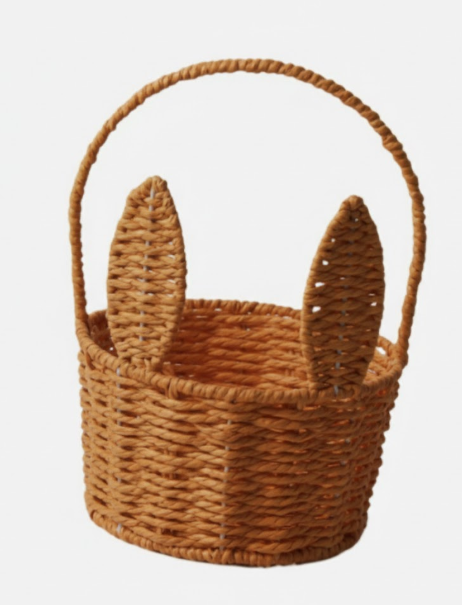 Easter Bunny Basket with Handle Handmade Wicker Bunny Ears Picnic Basket Sturdy Rattan Woven Rabbit Storage Container for Easter Gifts Egg Hunt Flower Candy Organizer Spring Party Decor
