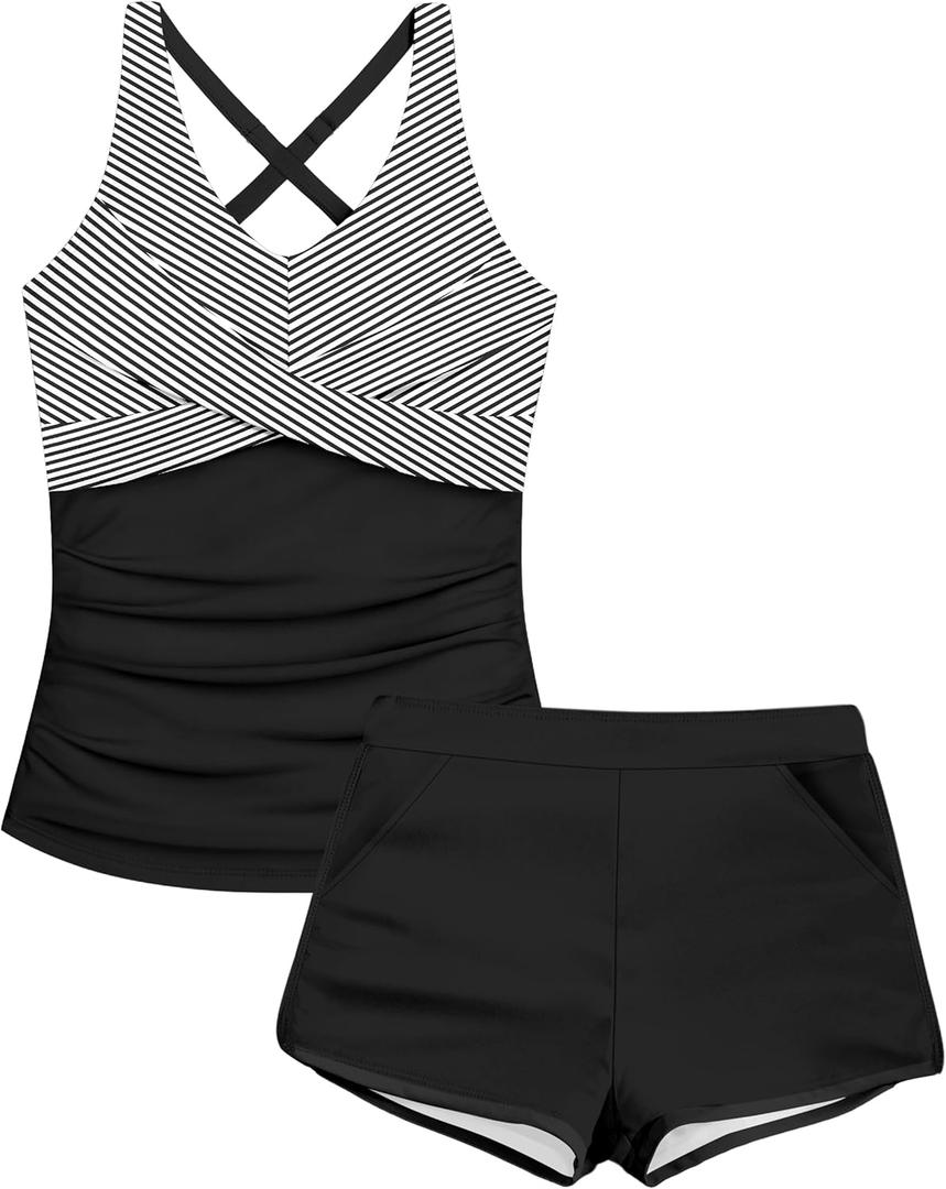Girls Tankini Swimsuits 2 Piece Criss Cross Ruched Swimwear Printed Swim Shorts Girl Bathing Suit for 9-16 Years (Black Stipe)