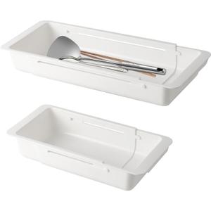 SnowTing 2 PCS Deep Drawer Organizer, 2 Sizes Expandable & Adjustable White Plastic Organizer, Sliding Drawer Storage Bins for Kitchen Utensils, Office Supplies, Cosmetics, Tools