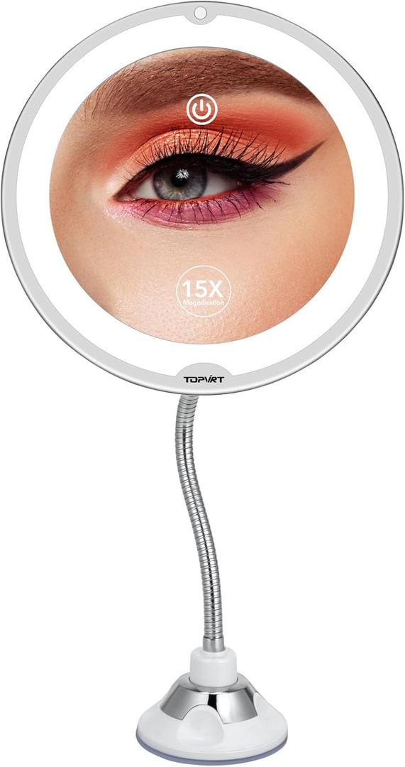 Flexible 15X Magnifying Suction Mirror - Dimmable LED Vanity Mirror, Power Suction Cup, Portable for Home Bathroom - Ideal for Detailed Makeup Eyeshadow Eyeliner (Large)