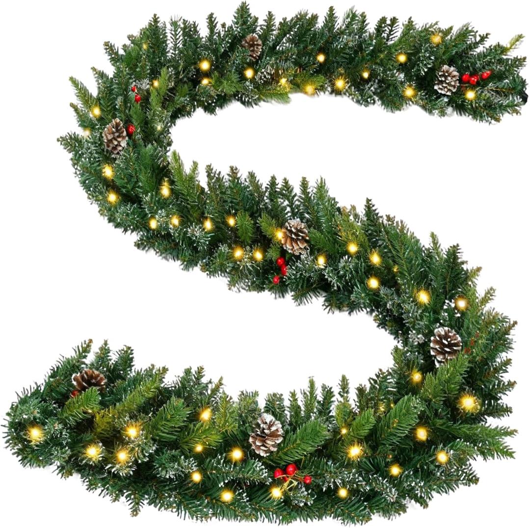 ANOTHERME 9Ft Pre-Lit Christmas Garland Artificial Xmas Indoor Outdoor Decoration, Garland with Battery Operated Timer for Home Stairs Fireplaces Walls, PE Mixed Branches with Pine Cones Red Berries