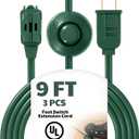 9FT Extension Cord Pack of 3 Pieces, 3 Outlets Power Cord with Hand/Foot Switch Ungrounded Power Strip, On/Off Switch for Christmas Lamps and Holiday Lights, Green