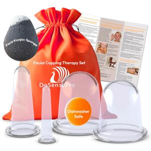 Facial Cupping Set  4 Silicone Cups for Face, Neck & Body + Konjac Sponge & Guide  Lymphatic Drainage, Anti-Aging, Puffiness Reduction, TMJ Relief & Cellulite Massage  Medical-Grade Silicone (5 Piece Set)