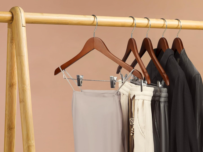 Ulimart Wooden Hangers with Clips 12 Pack Wooden Pants Hangers,Skirt Hangers with Adjustable Clips,Hangers for Pants,Jeans,Slacks,Shorts（Walunt）
