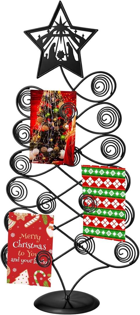 Metal Christmas Card Holder 19.6" Spiral Xmas Tree Gift Card Photo Picture Holder Stand with Nativity Star Topper Tabletop Display Decorative for Christmas Holiday Decor(Black,Classic Style)