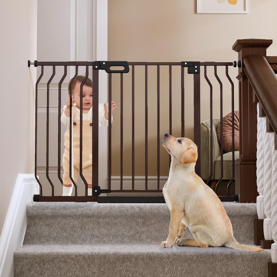 Mom's Choice-GROWNSY Baby Gate for Stairs, 30.5"-43" Pressure Mounted Pet Gate for Doorways-Auto Close Dog Gate for The House-Easy Installation & Walk Thru Wide Safety Gate (Brown)