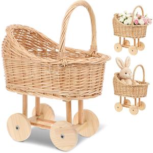 Wicker Flower Girl Basket with Handle Vintage Wicker Baby Carriage for Baby Shower Decorative Woven Rattan Stroller Shaped Flower Basket for Wedding Floral Arrangement