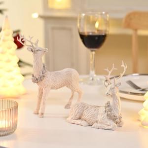 AOMOONOA White Christmas Reindeer Figurines, 2Pcs Small Reindeer Christmas Decoration Indoor, Tabletop Reindeers Christmas Decor, Resin Deer Figurine Decorations for Home