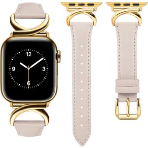 Minyee Leather Bands Compatible with Apple Watch Band 41mm 40mm 38mm 42mm 44mm 45mm 46mm 49mm Women, Slim Thin Dressy Strap with C-Shape Metal Buckle for iWatch Series 10 9 Ultra SE 8 7 6 5 4 3 2 1 (Starlight/Gold)