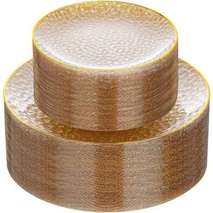 Rubtlamp 60Pcs Clear Gold Plastic Plates, Gold Glitter Disposable Plates, Hammered Plastic Plates Included 30 Dinner Plate And 30 Dessert Plates for Party