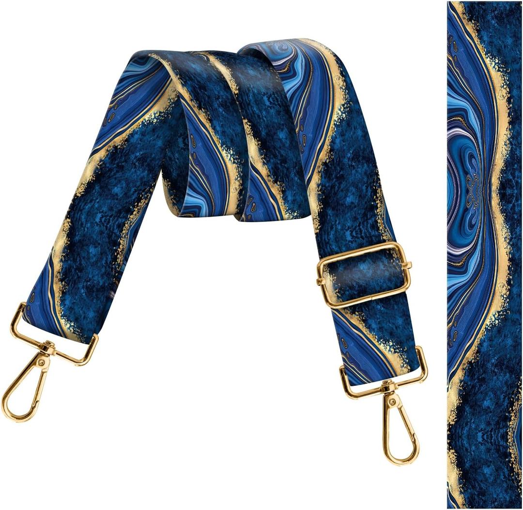 Purse Strap Replacement Crossbody 1.5 Inches Wide, Gold Buckle Guitar Style Shoulder Bag Straps Adjustable for Women Men Handbags Luxury Blue Marble