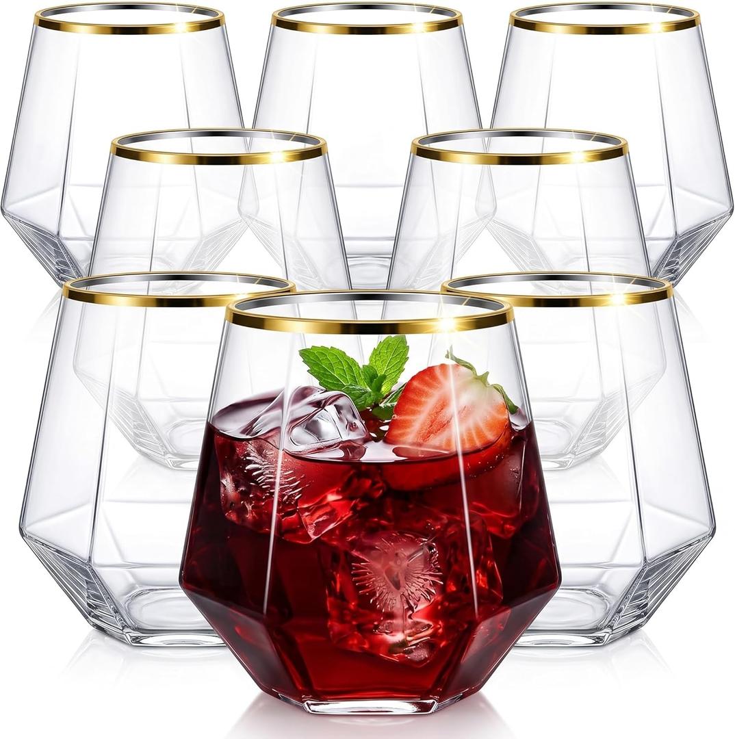 Lueumxc Diamond Plastic Wine Glasses,40 Pack Unbreakable Whiskey Cocktail Wine Champagne Glasses,12 Ounce Durable Disposable Cups Gold Rim for Parties, Weddings, Birthdays (40pack 12oz D6 Gold)
