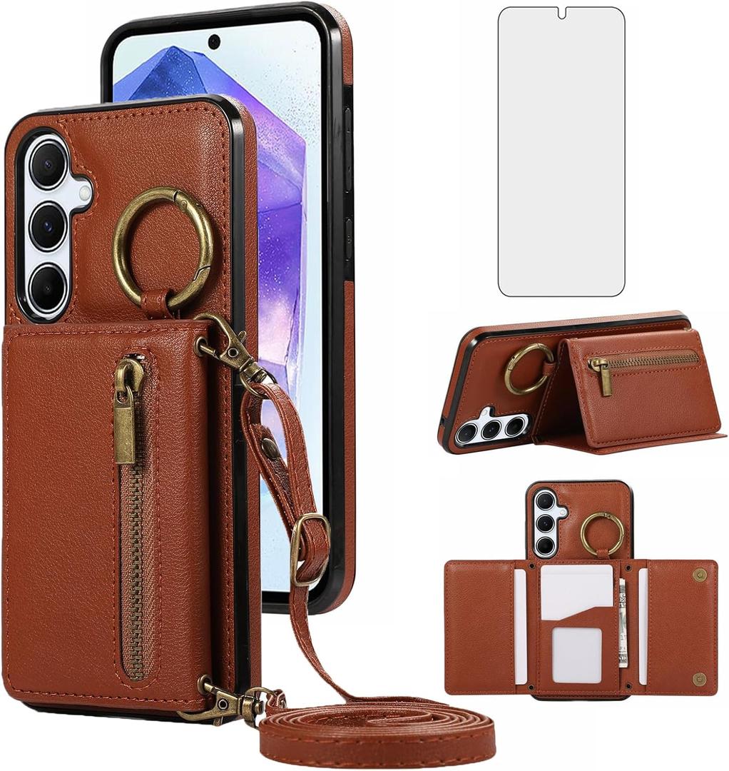 Compatible with Samsung Galaxy S26 Plus S26+ 5G Wallet Case with Tempered Glass Screen Protector Crossbody Shoulder Strap Buckle Card Holder Cell Phone Cover for S26Plus 26S + S 26 26+ Women Brown