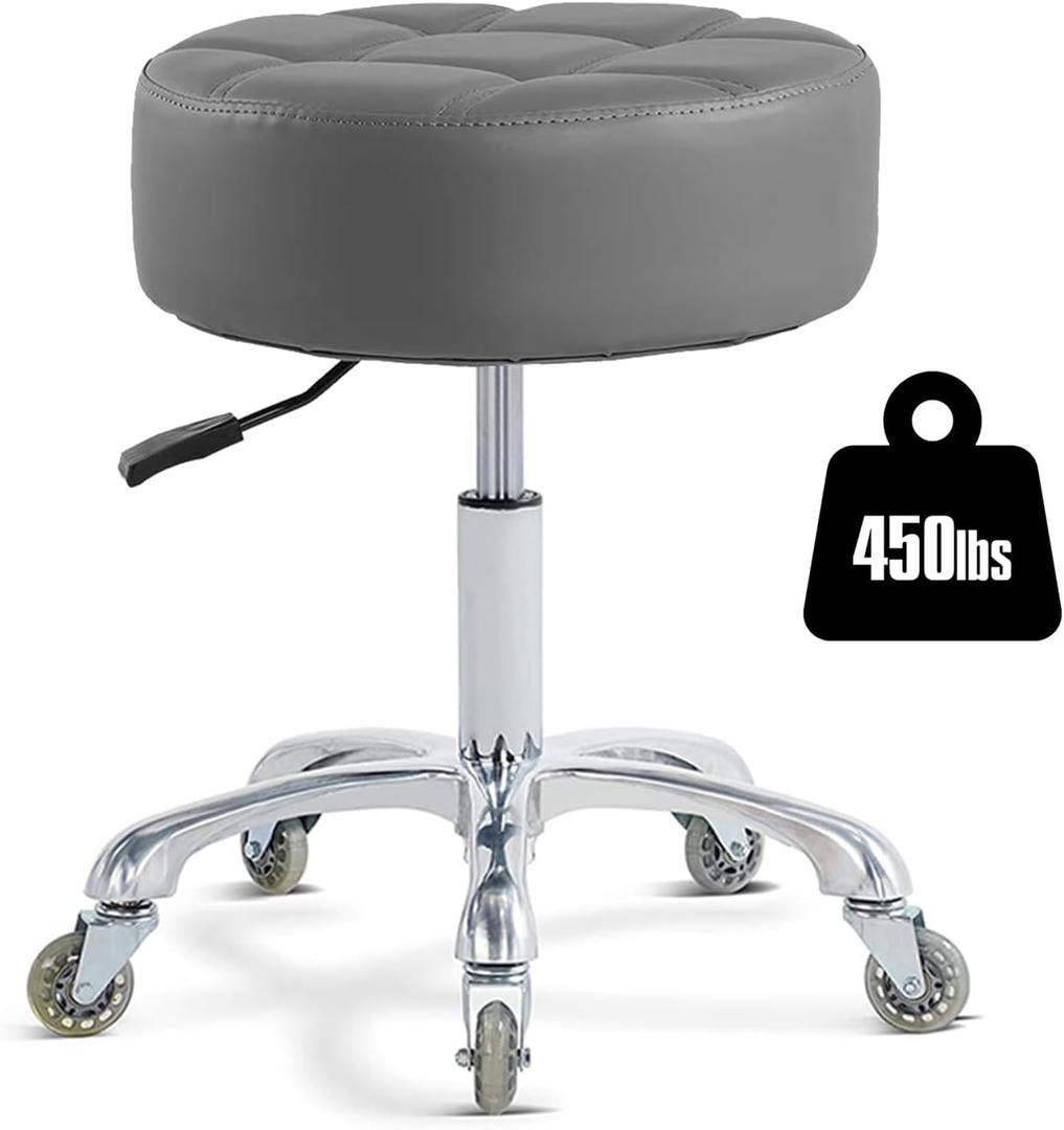 Ainilaily Rolling Stool with Wheels Adjustable Height, Roller Stool for Massage Medical Tattoo Spa Heavy Duty Swivel Desk (Super Thick Cushion, Grey)