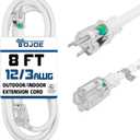 YOJOE Indoor Outdoor Extension Cord with Lighted End, 3 Prong 15A Weatherproof Power Cord, 12 Gauge Heavy Duty 8 ft White Extension Cord for Garage, Garden and Home, 12/3 SJTW UL Listed