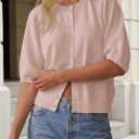Saodimallsu Womens Puff Half Sleeve Cardigan Lightweight Knit 2026 Spring Summer Crew Neck Button Down Sweater Tops (Pink, Large)