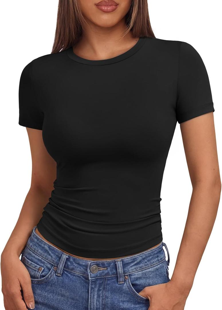 AUTOMET Womens Crew Neck Short Sleeve Basic Stretchy Slim Fit T-Shirt 2026 | Versatile Y2K style summer crop tops, perfect for business casual or athletic gym workouts (XS)