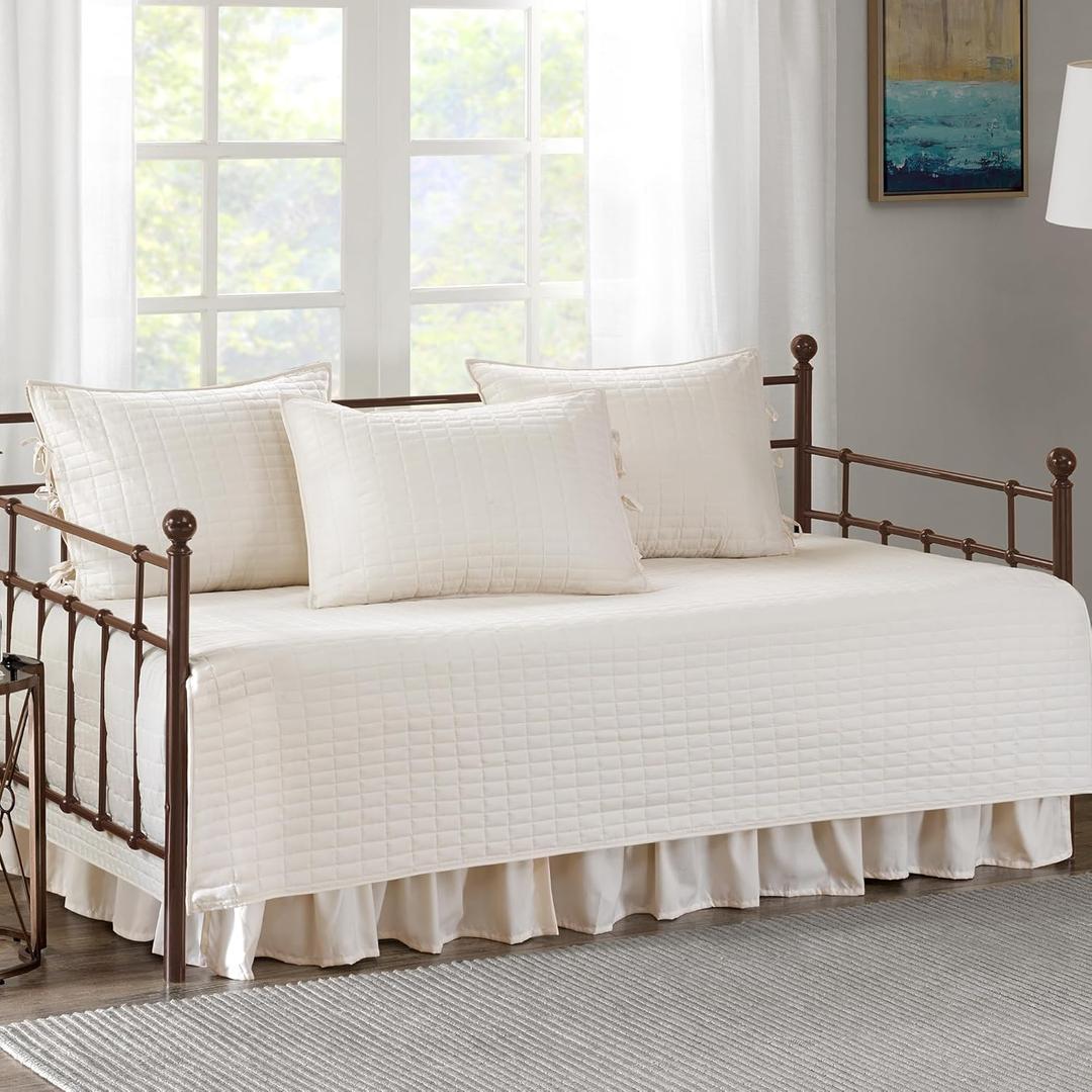 Comfort Spaces Daybed Cover - Luxe Double Sided-Quilting, All Season Cozy Bedding with Bedskirt, Matching Shams, Kienna Ivory 75"x39" 5 Piece