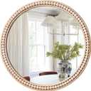 Antique Gold Round Wall Mirror 20", Ornate Beaded Metal Frame Mirror for Bathroom, Vintage Farmhouse Circle Accent Mirror for Bedroom Living Room Entryway or Vanity with Distressed Whitewashed Finish