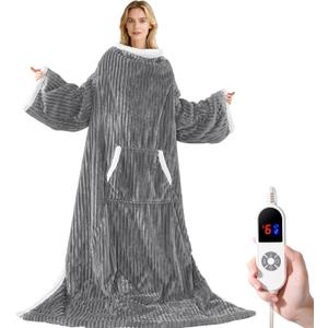 Heated Wearable Electric Blanket with Sleeves & Foot Pocket, Stripe Fleece Sherpa, 6 Heat Levels 12H Timer Setting, Over-Heat Protection, Machine Washable, 52x72 Inches Dark Gray for Office/Home/Gift (Long)