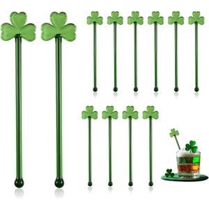 Qinyoung 12 Pcs St. Patrick's Day Glass Drink Stirrers 7 Inch Swizzle Sticks for Cocktails Coffee Reusable Green Shamrock Beverage Stir Sticks for Irish Festival Party Coffee Bar Kitchen Bar