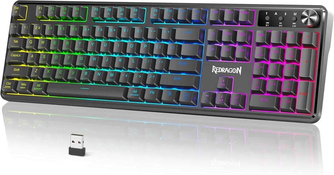 Redragon RM104 Wireless Gaming Keyboard with Knob, Tri-Mode BT/2.4G/USB-C RGB Computer Keyboards, 4000mAh Battery, Programmable Software Support, Anti-Ghosting, Compatible with PC Mac