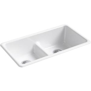 KOHLER Iron/Tones® 33" Top-/Undermount Kitchen Sink, Smart Divide® Double-Equal Kitchen Sinks, K-5312-0, White, Large